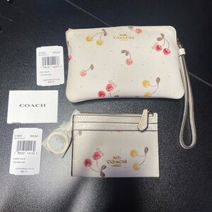 COACH Cream Retired Cherry Print Wristlet & Card Case Set with Gold Hardware